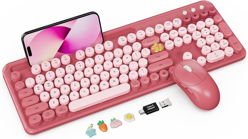Trueque Wireless Keyboard and Mouse Combo with Phone/Tablet Holder, Cute Full-Size Typewriter-Style Keyboard, Retro Round Keycaps, 3-Level DPI Mouse, 2.4GHz Cordless Connection for Windows/PC/Laptop (Pink) - Image 1